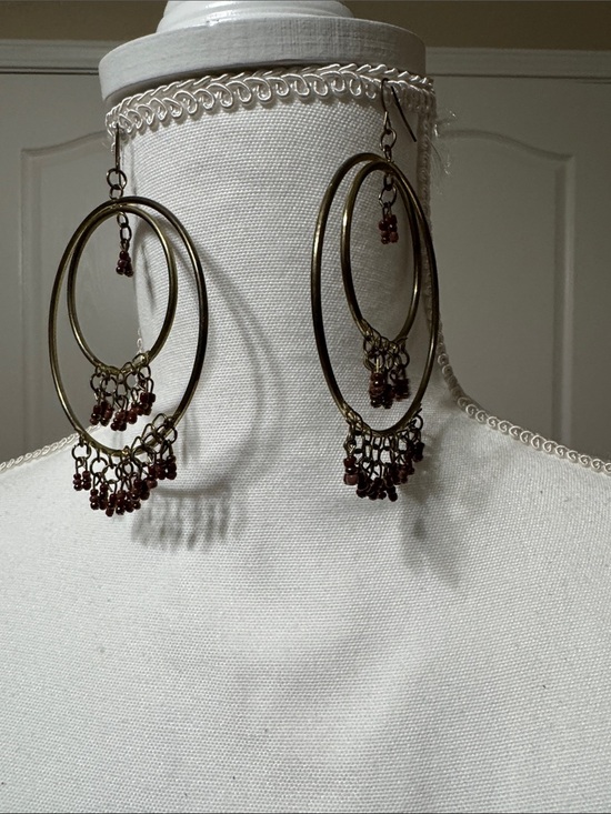 Jewelry - Antique Gold-Tone Multi-Hoop Earrings with Brown Bead Fringe